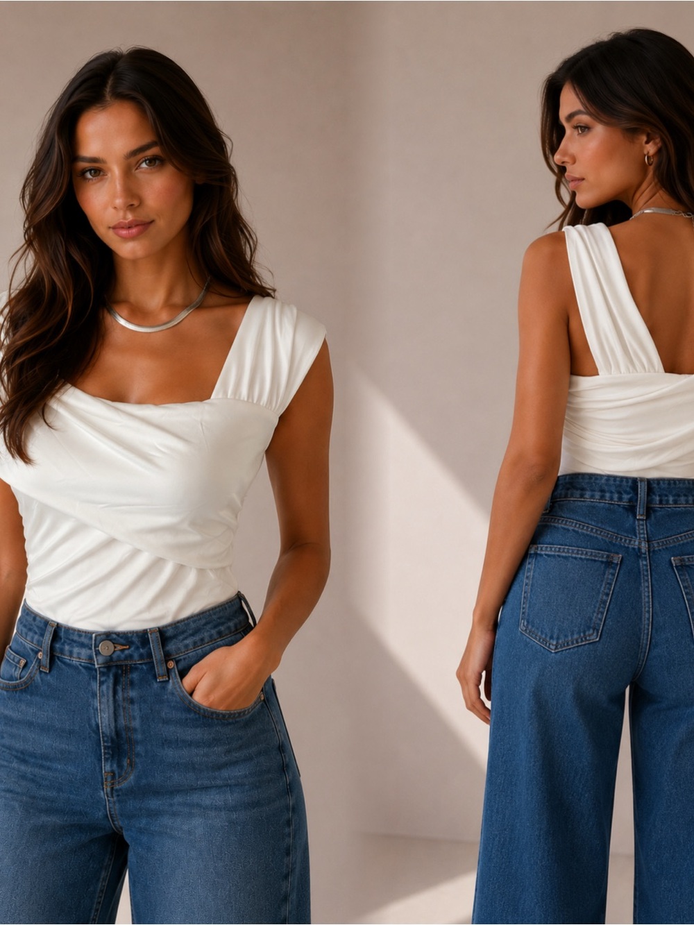 Ivory Draped Square-Neck Bodysuit with Wide Straps